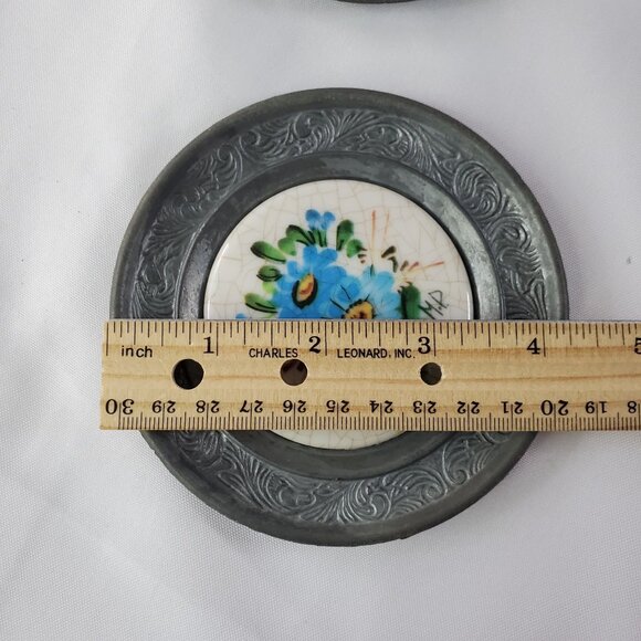VTG 3 Pewter and Porcelain Drink Coasters Hand Painted Flowers German - Picture 2 of 12